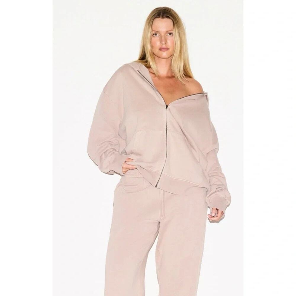 SKIMS BOYFRIEND FLEECE Boxy Zip Up Hoodie - Light Fawn Size M NWT #1564